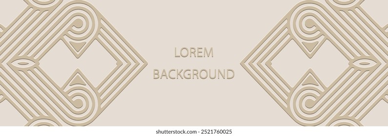 Banner étnico, fundo bege claro lorem, design de capa tribal. Padrão 3D elegante texturizado geométrico, em alto-relevo, espaço para texto. Ornamentos no estilo do Oriente, Ásia, Índia, México, Asteca, Peru
