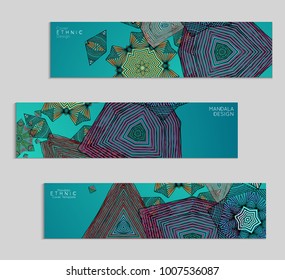 Ethnic banners template with floral Mandala ornament. Henna tattoo style. Collection of creative universal artistic vector cards. Lace pattern with roughly hand drawn striped colorful Mandala.
