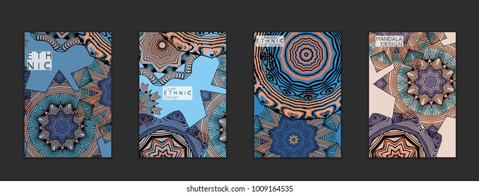 Ethnic banners template with floral Mandala ornament. Henna tattoo style. Collection of creative universal artistic vector cards. Lace pattern with roughly hand drawn striped colorful Mandala.