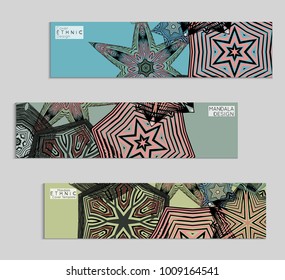 Ethnic banners template with floral Mandala ornament. Henna tattoo style. Collection of creative universal artistic vector cards. Lace pattern with roughly hand drawn striped colorful Mandala.