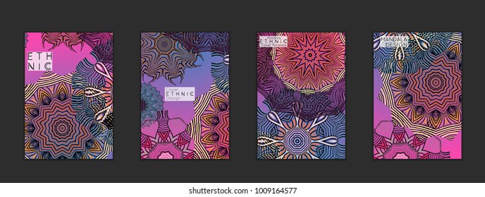 Ethnic banners template with floral Mandala ornament. Henna tattoo style. Collection of creative universal artistic vector cards. Lace pattern with roughly hand drawn striped colorful Mandala.