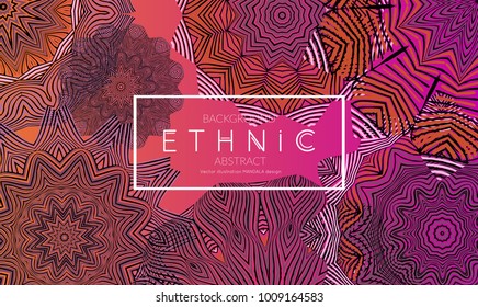 Ethnic banners template with floral Mandala ornament. Henna tattoo style. Collection of creative universal artistic vector cards. Lace pattern with roughly hand drawn striped colorful Mandala.
