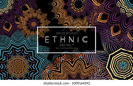 Ethnic banners template with floral Mandala ornament. Henna tattoo style. Collection of creative universal artistic vector cards. Lace pattern with roughly hand drawn striped colorful Mandala.