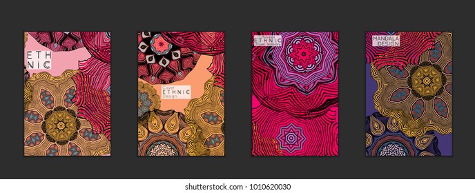 Ethnic banners template with floral Mandala ornament. Henna tattoo style. Collection of creative universal artistic vector cards. Lace pattern with roughly hand drawn striped colorful Mandala.