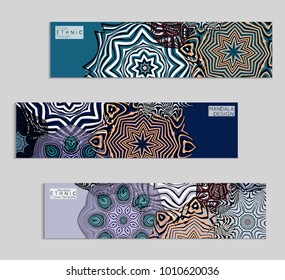 Ethnic banners template with floral Mandala ornament. Henna tattoo style. Collection of creative universal artistic vector cards. Lace pattern with roughly hand drawn striped colorful Mandala.