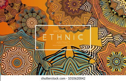 Ethnic banners template with floral Mandala ornament. Henna tattoo style. Collection of creative universal artistic vector cards. Lace pattern with roughly hand drawn striped colorful Mandala.
