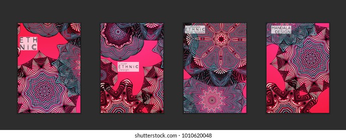 Ethnic banners template with floral Mandala ornament. Henna tattoo style. Collection of creative universal artistic vector cards. Lace pattern with roughly hand drawn striped colorful Mandala.