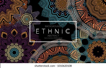 Ethnic banners template with floral Mandala ornament. Henna tattoo style. Collection of creative universal artistic vector cards. Lace pattern with roughly hand drawn striped colorful Mandala.