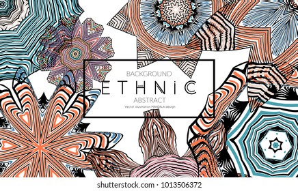 Ethnic banners template with floral Mandala ornament. Henna tattoo style. Collection of creative universal artistic vector cards. Lace pattern with roughly hand drawn striped colorful Mandala.