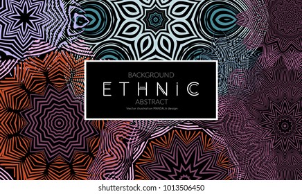 Ethnic banners template with floral Mandala ornament. Henna tattoo style. Collection of creative universal artistic vector cards. Lace pattern with roughly hand drawn striped colorful Mandala.