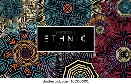 Ethnic banners template with floral Mandala ornament. Henna tattoo style. Collection of creative universal artistic vector cards. Lace pattern with roughly hand drawn striped colorful Mandala.