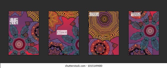 Ethnic banners template with floral Mandala ornament. Henna tattoo style. Collection of creative universal artistic vector cards. Lace pattern with roughly hand drawn striped colorful Mandala.