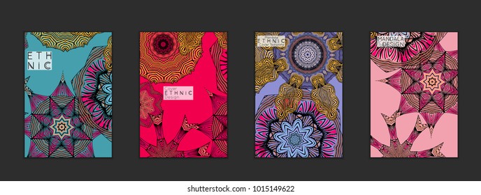 Ethnic banners template with floral Mandala ornament. Henna tattoo style. Collection of creative universal artistic vector cards. Lace pattern with roughly hand drawn striped colorful Mandala.