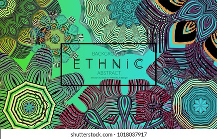 Ethnic banners template with floral Mandala ornament. Henna tattoo style. Collection of creative universal artistic vector cards. Lace pattern with roughly hand drawn striped colorful Mandala.