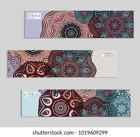 Ethnic banners template with floral Mandala ornament. Henna tattoo style. Collection of creative universal artistic vector cards. Lace pattern with roughly hand drawn striped colorful Mandala.