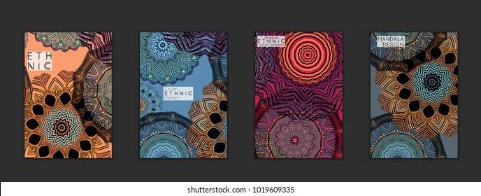 Ethnic banners template with floral Mandala ornament. Henna tattoo style. Collection of creative universal artistic vector cards. Lace pattern with roughly hand drawn striped colorful Mandala.