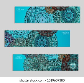 Ethnic banners template with floral Mandala ornament. Henna tattoo style. Collection of creative universal artistic vector cards. Lace pattern with roughly hand drawn striped colorful Mandala.