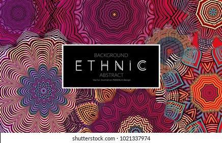 Ethnic banners template with floral Mandala ornament. Henna tattoo style. Collection of creative universal artistic vector cards. Lace pattern with roughly hand drawn striped colorful Mandala.
