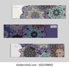 Ethnic banners template with floral Mandala ornament. Henna tattoo style. Collection of creative universal artistic vector cards. Lace pattern with roughly hand drawn striped colorful Mandala.
