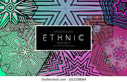 Ethnic banners template with floral Mandala ornament. Henna tattoo style. Collection of creative universal artistic vector cards. Lace pattern with roughly hand drawn striped colorful Mandala.