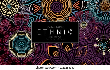 Ethnic banners template with floral Mandala ornament. Henna tattoo style. Collection of creative universal artistic vector cards. Lace pattern with roughly hand drawn striped colorful Mandala.