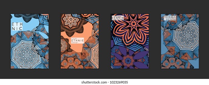 Ethnic banners template with floral Mandala ornament. Henna tattoo style. Collection of creative universal artistic vector cards. Lace pattern with roughly hand drawn striped colorful Mandala.