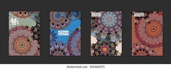 Ethnic banners template with floral Mandala ornament. Henna tattoo style. Collection of creative universal artistic vector cards. Lace pattern with roughly hand drawn striped colorful Mandala.