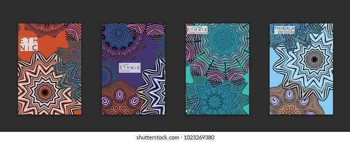 Ethnic banners template with floral Mandala ornament. Henna tattoo style. Collection of creative universal artistic vector cards. Lace pattern with roughly hand drawn striped colorful Mandala.