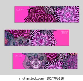 Ethnic banners template with floral Mandala ornament. Henna tattoo style. Collection of creative universal artistic vector cards. Lace pattern with roughly hand drawn striped colorful Mandala.