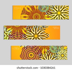 Ethnic banners template with floral Mandala ornament. Henna tattoo style. Collection of creative universal artistic vector cards. Lace pattern with roughly hand drawn striped colorful Mandala.