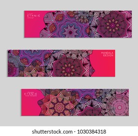 Ethnic banners template with floral Mandala ornament. Henna tattoo style. Collection of creative universal artistic vector cards. Lace pattern with roughly hand drawn striped colorful Mandala.