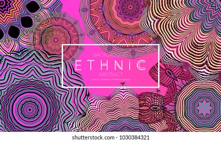 Ethnic banners template with floral Mandala ornament. Henna tattoo style. Collection of creative universal artistic vector cards. Lace pattern with roughly hand drawn striped colorful Mandala.