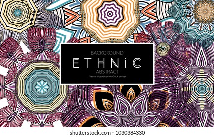 Ethnic banners template with floral Mandala ornament. Henna tattoo style. Collection of creative universal artistic vector cards. Lace pattern with roughly hand drawn striped colorful Mandala.