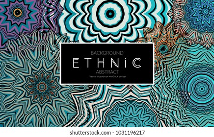 Ethnic banners template with floral Mandala ornament. Henna tattoo style. Collection of creative universal artistic vector cards. Lace pattern with roughly hand drawn striped colorful Mandala.