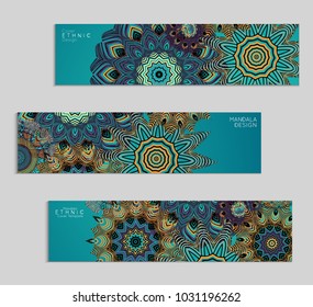 Ethnic banners template with floral Mandala ornament. Henna tattoo style. Collection of creative universal artistic vector cards. Lace pattern with roughly hand drawn striped colorful Mandala.