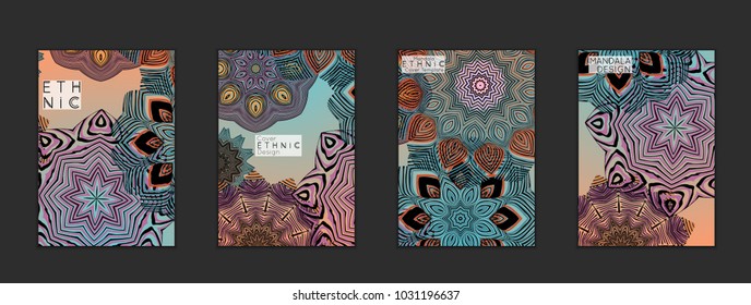 Ethnic banners template with floral Mandala ornament. Henna tattoo style. Collection of creative universal artistic vector cards. Lace pattern with roughly hand drawn striped colorful Mandala.