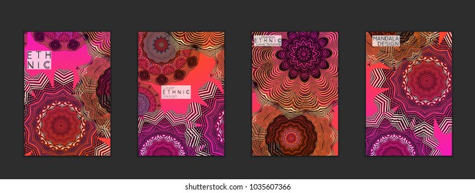 Ethnic banners template with floral Mandala ornament. Henna tattoo style. Collection of creative universal artistic vector cards. Lace pattern with roughly hand drawn striped colorful Mandala.