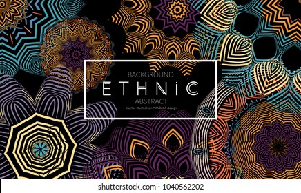 Ethnic banners template with floral Mandala ornament. Henna tattoo style. Collection of creative universal artistic vector cards. Lace pattern with roughly hand drawn striped colorful Mandala.