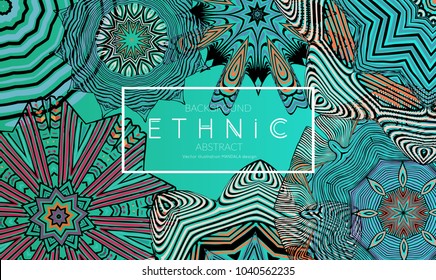Ethnic banners template with floral Mandala ornament. Henna tattoo style. Collection of creative universal artistic vector cards. Lace pattern with roughly hand drawn striped colorful Mandala.