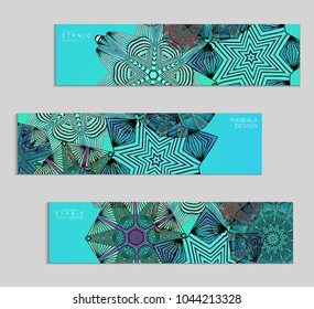 Ethnic banners template with floral Mandala ornament. Henna tattoo style. Collection of creative universal artistic vector cards. Lace pattern with roughly hand drawn striped colorful Mandala.