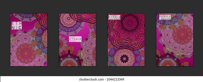 Ethnic banners template with floral Mandala ornament. Henna tattoo style. Collection of creative universal artistic vector cards. Lace pattern with roughly hand drawn striped colorful Mandala.