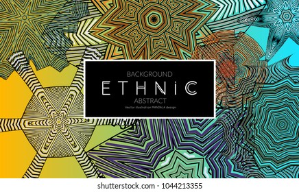 Ethnic banners template with floral Mandala ornament. Henna tattoo style. Collection of creative universal artistic vector cards. Lace pattern with roughly hand drawn striped colorful Mandala.