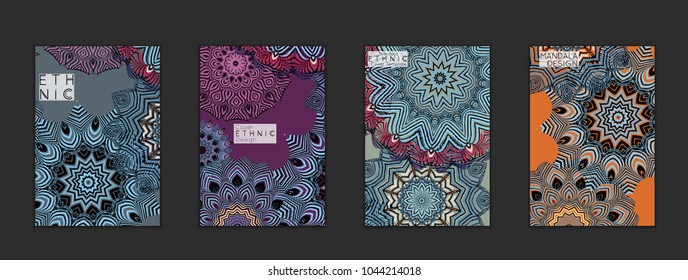 Ethnic banners template with floral Mandala ornament. Henna tattoo style. Collection of creative universal artistic vector cards. Lace pattern with roughly hand drawn striped colorful Mandala.