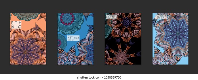 Ethnic banners template with floral Mandala ornament. Henna tattoo style. Collection of creative universal artistic vector cards. Lace pattern with roughly hand drawn striped colorful Mandala.