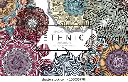 Ethnic banners template with floral Mandala ornament. Henna tattoo style. Collection of creative universal artistic vector cards. Lace pattern with roughly hand drawn striped colorful Mandala.