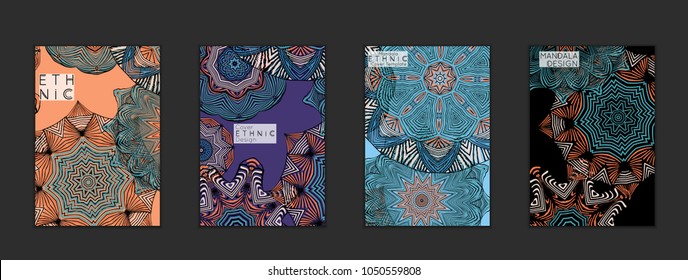 Ethnic banners template with floral Mandala ornament. Henna tattoo style. Collection of creative universal artistic vector cards. Lace pattern with roughly hand drawn striped colorful Mandala.
