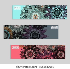 Ethnic banners template with floral Mandala ornament. Henna tattoo style. Collection of creative universal artistic vector cards. Lace pattern with roughly hand drawn striped colorful Mandala.