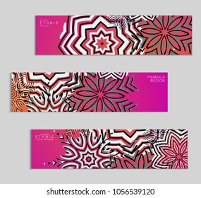 Ethnic banners template with floral Mandala ornament. Henna tattoo style. Collection of creative universal artistic vector cards. Lace pattern with roughly hand drawn striped colorful Mandala.