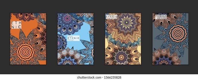Ethnic banners template with floral Mandala ornament. Henna tattoo style. Collection of creative universal artistic vector cards. Lace pattern with roughly hand drawn striped colorful Mandala.