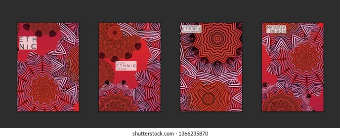 Ethnic banners template with floral Mandala ornament. Henna tattoo style. Collection of creative universal artistic vector cards. Lace pattern with roughly hand drawn striped colorful Mandala.